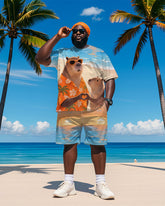 Men's Plus Size Hawaiian Orange Capybara Love Print Short Sleeve T-Shirt Shorts Suit